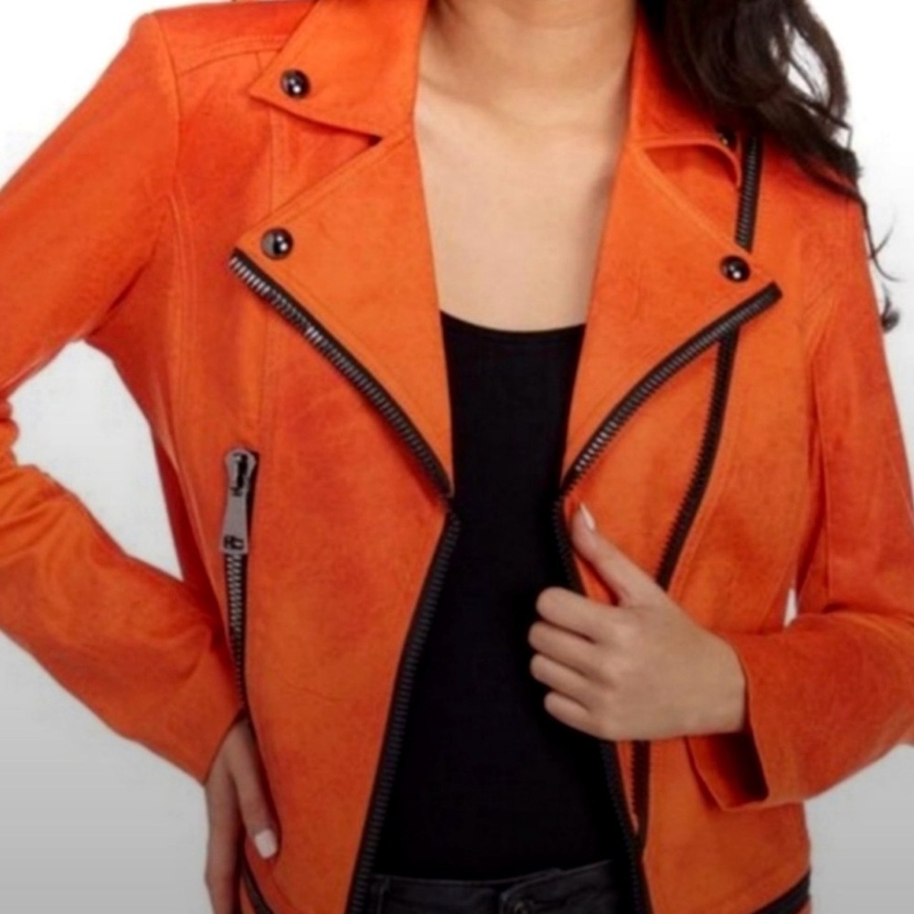 Lena Gabrielle-Size 8 orange moto jacket. Faux suede. Zipper accents. NWOT New!